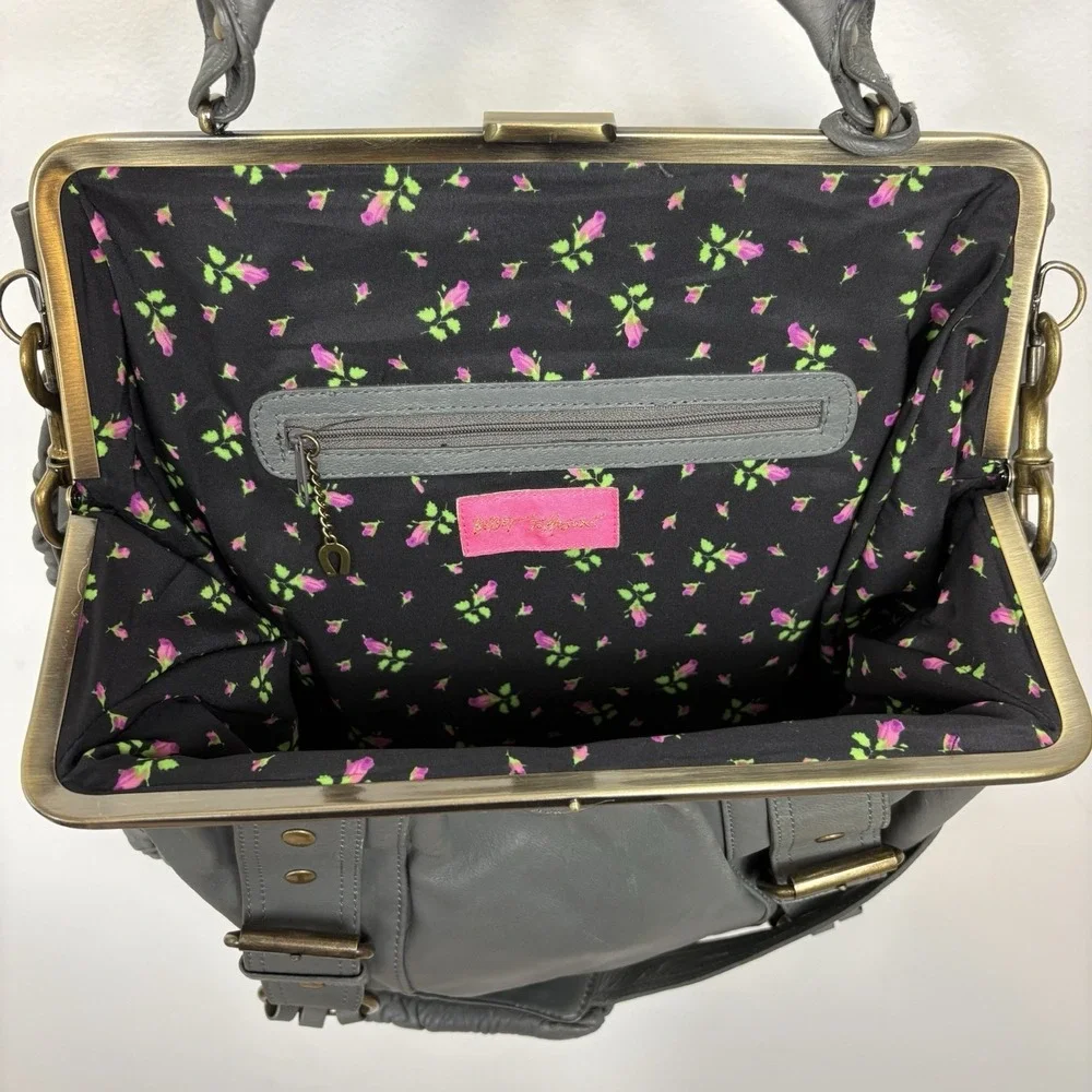 Vtg Betsey Johnson Shoulder Purse Satchel Studs Ruffles‎ Charms Y2K Gray